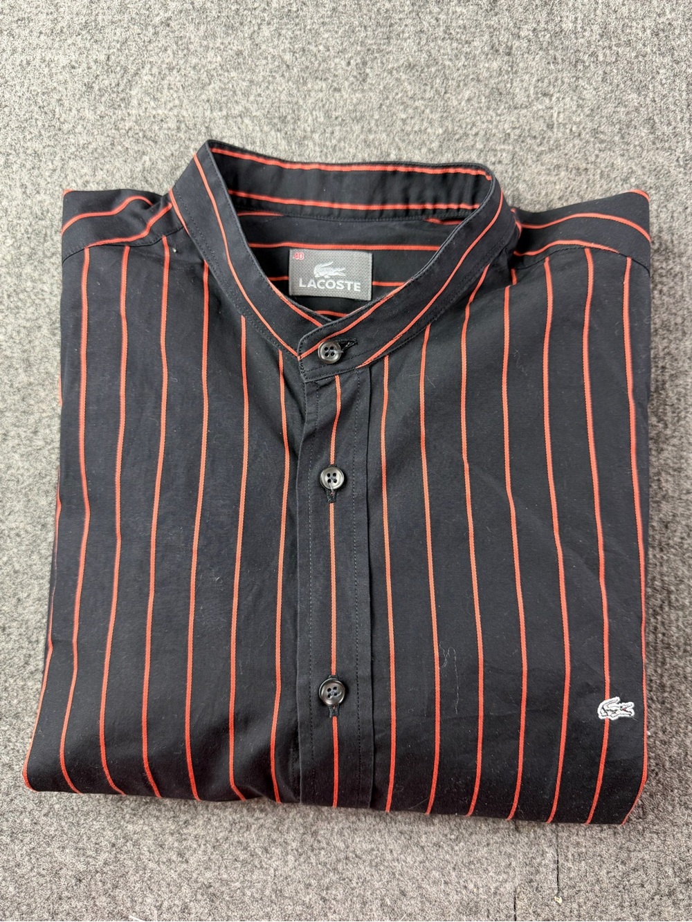 Lacoste Mens 100% Cotton Long Sleeve Mandarin Collar Shirt Size 40 Black/Orange